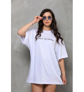 Kadın Kısa Kol Yazlık Tişört Bisiklet Yaka Baskılı Oversize T-Shirt - Beyaz