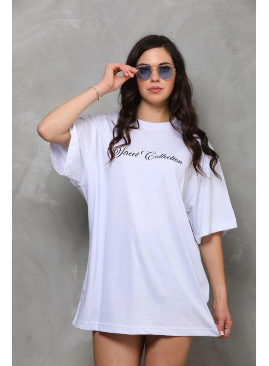 Kadın Kısa Kol Yazlık Tişört Bisiklet Yaka Baskılı Oversize T-Shirt - Beyaz Kadın Kısa Kol Yazlık Tişört Bisiklet Yaka Baskılı Oversize T-Shirt - Beyaz