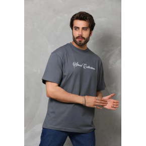 Erkek Baskılı T-Shirt Kısa Kol Bisiklet Yaka Regular Fit Tişört - Füme