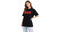 Kadın Kısa Kol Yazlık Tişört Bisiklet Yaka Baskılı Oversize T-Shirt - Siyah Kadın Kısa Kol Yazlık Tişört Bisiklet Yaka Baskılı Oversize T-Shirt - Siyah