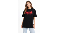 Kadın Kısa Kol Yazlık Tişört Bisiklet Yaka Baskılı Oversize T-Shirt - Siyah Kadın Kısa Kol Yazlık Tişört Bisiklet Yaka Baskılı Oversize T-Shirt - Siyah