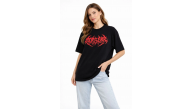 Kadın Kısa Kol Yazlık Tişört Bisiklet Yaka Baskılı Oversize T-Shirt - Siyah Kadın Kısa Kol Yazlık Tişört Bisiklet Yaka Baskılı Oversize T-Shirt - Siyah
