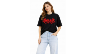 Kadın Kısa Kol Yazlık Tişört Bisiklet Yaka Baskılı Oversize T-Shirt - Siyah Kadın Kısa Kol Yazlık Tişört Bisiklet Yaka Baskılı Oversize T-Shirt - Siyah