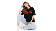 Kadın Kısa Kol Yazlık Tişört Bisiklet Yaka Baskılı Oversize T-Shirt - Siyah Kadın Kısa Kol Yazlık Tişört Bisiklet Yaka Baskılı Oversize T-Shirt - Siyah