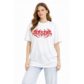 Kadın Kısa Kol Yazlık Tişört Bisiklet Yaka Baskılı Oversize T-Shirt - Beyaz