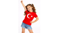 Kız Çocuk Tişört Bisiklet Yaka Ay Yıldız Bayrak Baskılı T-Shirt - Kırmızı