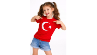 Kız Çocuk Tişört Bisiklet Yaka Ay Yıldız Bayrak Baskılı T-Shirt - Kırmızı