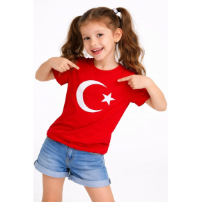 Kız Çocuk Tişört Bisiklet Yaka Ay Yıldız Bayrak Baskılı T-Shirt - Kırmızı