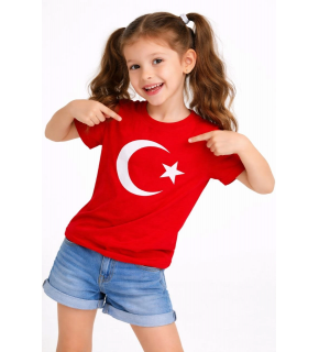 Kız Çocuk Tişört Bisiklet Yaka Ay Yıldız Bayrak Baskılı T-Shirt - Kırmızı
