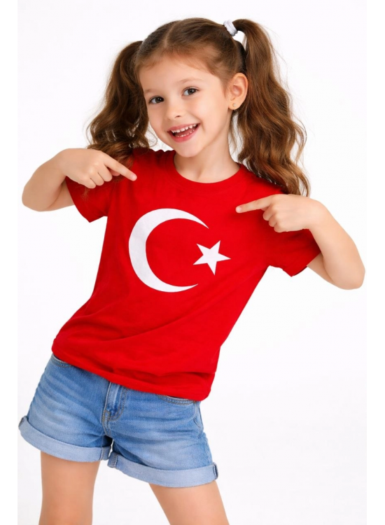 Kız Çocuk Tişört Bisiklet Yaka Ay Yıldız Bayrak Baskılı T-Shirt - Kırmızı