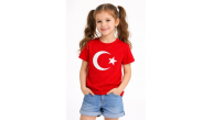 Kız Çocuk Tişört Bisiklet Yaka Ay Yıldız Bayrak Baskılı T-Shirt - Kırmızı