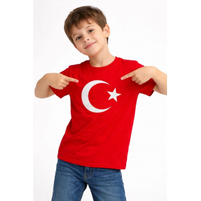 Erkek Çocuk Tişört Bisiklet Yaka Ay Yıldız Bayrak Baskılı T-Shirt - Kırmızı