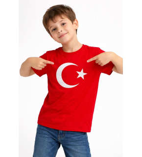 Erkek Çocuk Tişört Bisiklet Yaka Ay Yıldız Bayrak Baskılı T-Shirt - Kırmızı