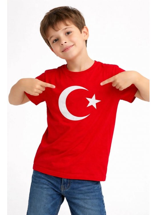 Erkek Çocuk Tişört Bisiklet Yaka Ay Yıldız Bayrak Baskılı T-Shirt - Kırmızı Erkek Çocuk Tişört Bisiklet Yaka Ay Yıldız Bayrak Baskılı T-Shirt - Kırmızı