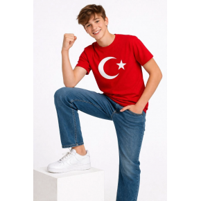 Erkek Çocuk Tişört Bisiklet Yaka Ay Yıldız Bayrak Baskılı T-Shirt - Kırmızı