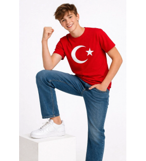 Erkek Çocuk Tişört Bisiklet Yaka Ay Yıldız Bayrak Baskılı T-Shirt - Kırmızı