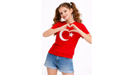 Kız Çocuk Tişört Bisiklet Yaka Ay Yıldız Bayrak Baskılı T-Shirt - Kırmızı