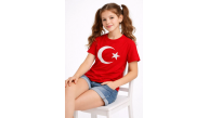 Kız Çocuk Tişört Bisiklet Yaka Ay Yıldız Bayrak Baskılı T-Shirt - Kırmızı