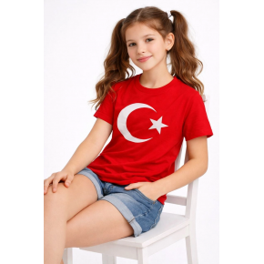 Kız Çocuk Tişört Bisiklet Yaka Ay Yıldız Bayrak Baskılı T-Shirt - Kırmızı