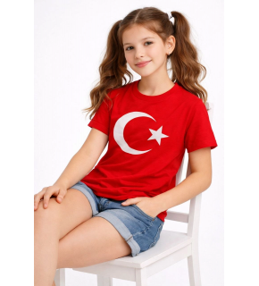 Kız Çocuk Tişört Bisiklet Yaka Ay Yıldız Bayrak Baskılı T-Shirt - Kırmızı