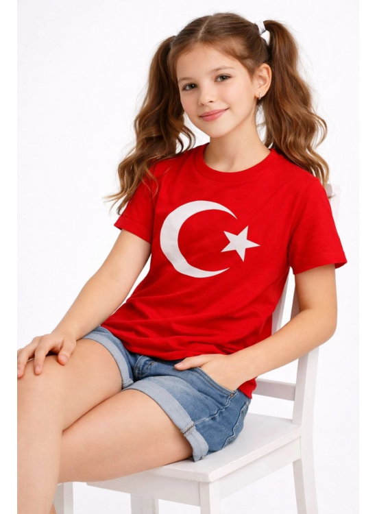 Kız Çocuk Tişört Bisiklet Yaka Ay Yıldız Bayrak Baskılı T-Shirt - Kırmızı