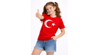 Kız Çocuk Tişört Bisiklet Yaka Ay Yıldız Bayrak Baskılı T-Shirt - Kırmızı