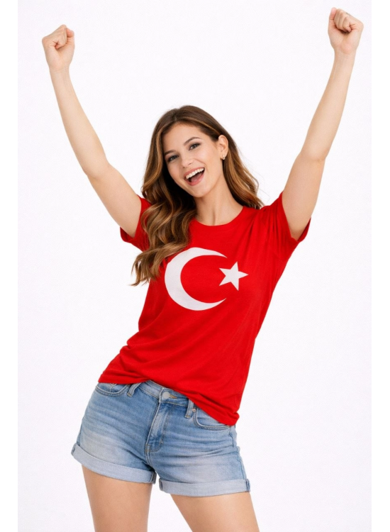 Kadın T-Shirt Kısa Kol Bisiklet Yaka Ay Yıldız Bayrak Baskılı Tişört - Kırmızı Kadın T-Shirt Kısa Kol Bisiklet Yaka Ay Yıldız Bayrak Baskılı Tişört - Kırmızı