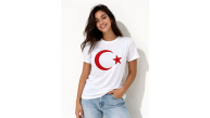 Kadın T-Shirt Kısa Kol Bisiklet Yaka Ay Yıldız Bayrak Baskılı Tişört - Beyaz Kadın T-Shirt Kısa Kol Bisiklet Yaka Ay Yıldız Bayrak Baskılı Tişört - Beyaz