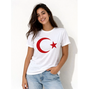 Kadın T-Shirt Kısa Kol Bisiklet Yaka Ay Yıldız Bayrak Baskılı Tişört - Beyaz