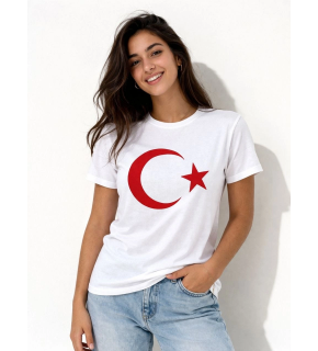 Kadın T-Shirt Kısa Kol Bisiklet Yaka Ay Yıldız Bayrak Baskılı Tişört - Beyaz