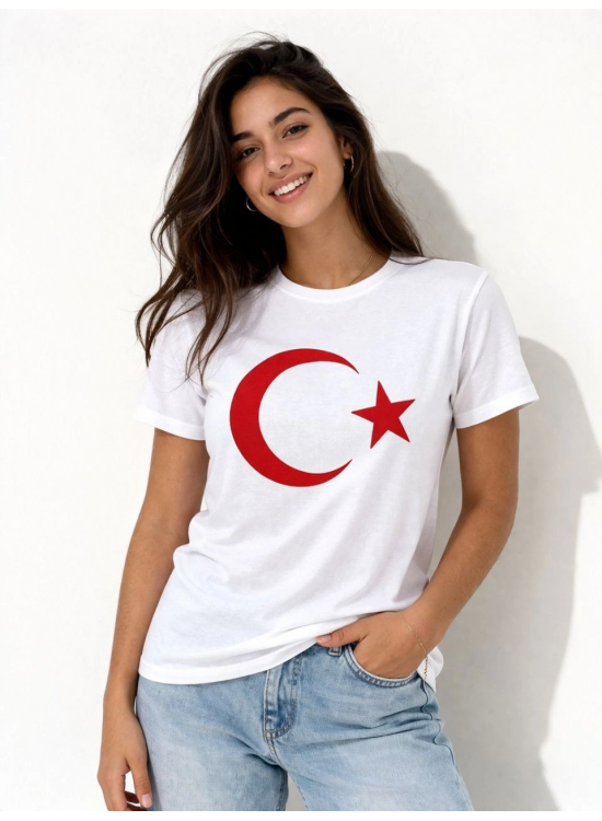 Kadın T-Shirt Kısa Kol Bisiklet Yaka Ay Yıldız Bayrak Baskılı Tişört - Beyaz Kadın T-Shirt Kısa Kol Bisiklet Yaka Ay Yıldız Bayrak Baskılı Tişört - Beyaz