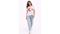 Kadın T-Shirt Kısa Kol Bisiklet Yaka Ay Yıldız Bayrak Baskılı Tişört - Beyaz Kadın T-Shirt Kısa Kol Bisiklet Yaka Ay Yıldız Bayrak Baskılı Tişört - Beyaz