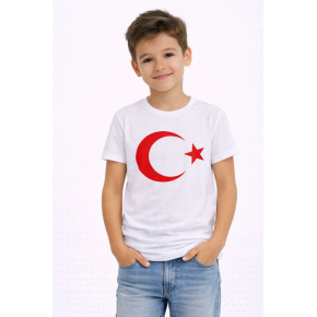 Erkek Çocuk Tişört Bisiklet Yaka Ay Yıldız Bayrak Baskılı T-Shirt - Beyaz
