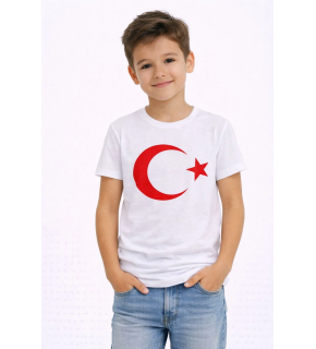 Erkek Çocuk Tişört Bisiklet Yaka Ay Yıldız Bayrak Baskılı T-Shirt - Beyaz