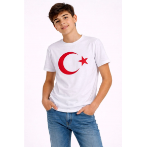 Erkek Çocuk Tişört Bisiklet Yaka Ay Yıldız Bayrak Baskılı T-Shirt - Beyaz