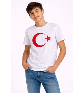 Erkek Çocuk Tişört Bisiklet Yaka Ay Yıldız Bayrak Baskılı T-Shirt - Beyaz
