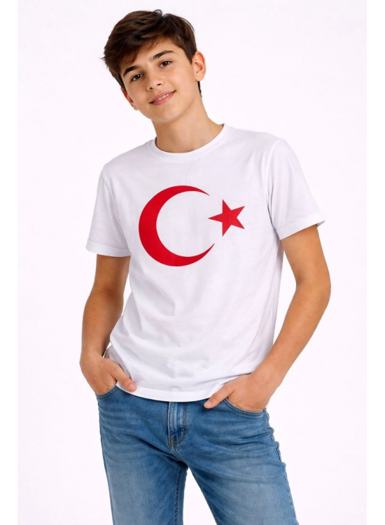 Erkek Çocuk Tişört Bisiklet Yaka Ay Yıldız Bayrak Baskılı T-Shirt - Beyaz Erkek Çocuk Tişört Bisiklet Yaka Ay Yıldız Bayrak Baskılı T-Shirt - Beyaz