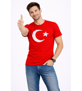 Erkek T-Shirt Kısa Kol Bisiklet Yaka Ay Yıldız Bayrak Baskılı Tişört - Kırmızı