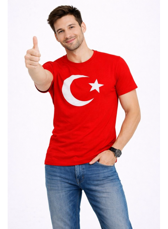 Erkek T-Shirt Kısa Kol Bisiklet Yaka Ay Yıldız Bayrak Baskılı Tişört - Kırmızı Erkek T-Shirt Kısa Kol Bisiklet Yaka Ay Yıldız Bayrak Baskılı Tişört - Kırmızı