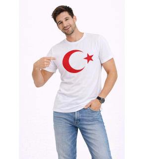Erkek T-Shirt Kısa Kol Bisiklet Yaka Ay Yıldız Bayrak Baskılı Tişört - Beyaz