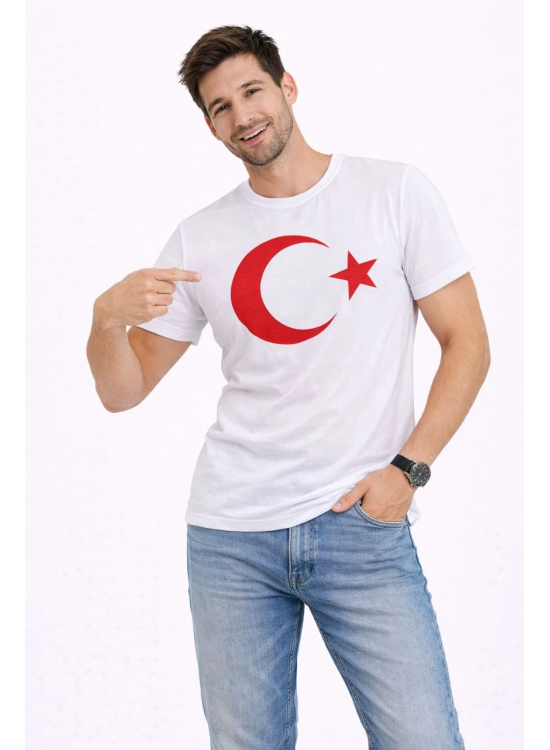 Erkek T-Shirt Kısa Kol Bisiklet Yaka Ay Yıldız Bayrak Baskılı Tişört - Beyaz Erkek T-Shirt Kısa Kol Bisiklet Yaka Ay Yıldız Bayrak Baskılı Tişört - Beyaz