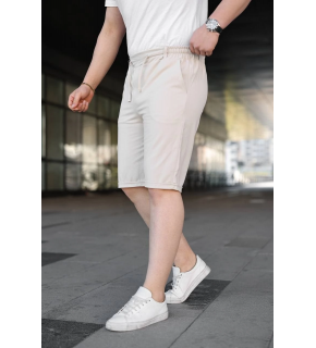 Erkek Diagonel Kumaş Duble Paça Cepli Bağcıklı Bel Lastikli ŞORT - Krem