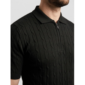 Erkek Yazlık Triko Saç Örgü Tişört Kısa Kol Polo Yaka Fermuarlı T-Shirt - Siyah