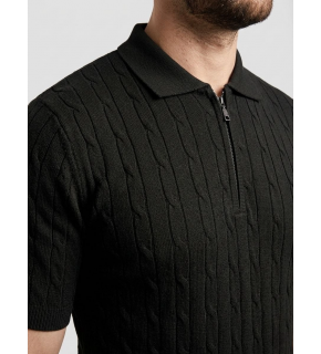 Erkek Yazlık Triko Saç Örgü Tişört Kısa Kol Polo Yaka Fermuarlı T-Shirt - Siyah