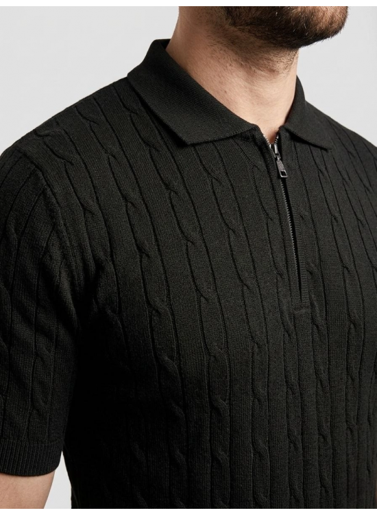 Erkek Yazlık Triko Saç Örgü Tişört Kısa Kol Polo Yaka Fermuarlı T-Shirt - Siyah Erkek Yazlık Triko Saç Örgü Tişört Kısa Kol Polo Yaka Fermuarlı T-Shirt - Siyah