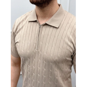 Erkek Yazlık Triko Saç Örgü Tişört Kısa Kol Polo Yaka Fermuarlı T-Shirt - Bej