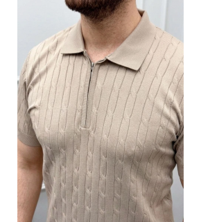 Erkek Yazlık Triko Saç Örgü Tişört Kısa Kol Polo Yaka Fermuarlı T-Shirt - Bej