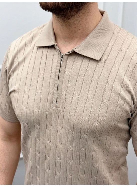 Erkek Yazlık Triko Saç Örgü Tişört Kısa Kol Polo Yaka Fermuarlı T-Shirt - Bej Erkek Yazlık Triko Saç Örgü Tişört Kısa Kol Polo Yaka Fermuarlı T-Shirt - Bej