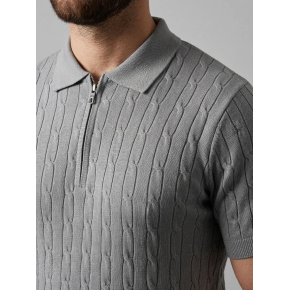 Erkek Yazlık Triko Saç Örgü Tişört Kısa Kol Polo Yaka Fermuarlı T-Shirt - Gri
