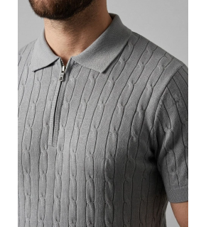 Erkek Yazlık Triko Saç Örgü Tişört Kısa Kol Polo Yaka Fermuarlı T-Shirt - Gri